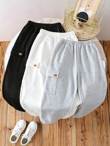 SHEIN 3件組 青少年男孩秋冬休閒百搭抓絨內裡鬆緊腰運動長褲 兒童慢跑褲 多件裝 - 彩色 - 查看 3