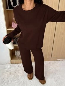 SHEIN PETITE 女款純色圓領長袖毛衣搭配長褲休閒正裝套裝，秋冬款 - 咖啡棕 - 查看 9