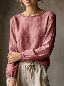 SHEIN 女款休閒優雅淺米色圓領蕾絲飾邊極簡通勤百搭日常襯衫 - 西瓜粉 - 查看 4
