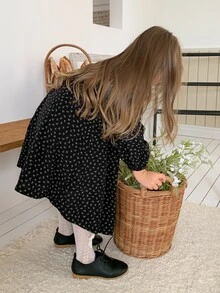 Dazy Kids 女童甜美法式蕾絲拼接長袖洋裝 - 黑色 - 查看 3