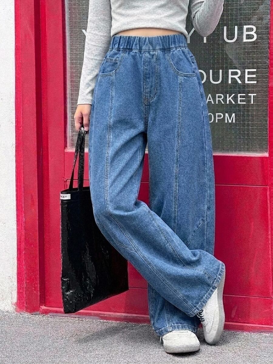 Dazy Kids Jeans de mezclilla para niñas preadolescentes, nuevo estilo primavera/verano, con bolsillos traseros y corte holgado - Azul lavado medio - Ver 1