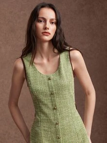 Zovinel Lyocell Wool Fabric Women's Round Neck Button Design Elegant Sleeveless Midi Dress,Back To School, Casual Work,Elegant Fall Summer/Autumn/Winter - Green - View 4