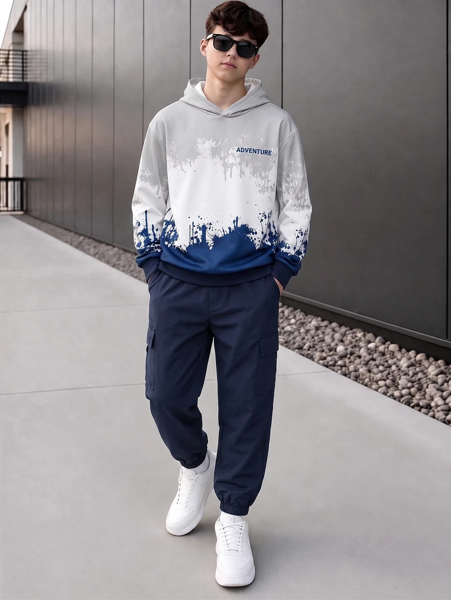 2pcs Teen Boys Gradient Hooded Sweatshirt & Classic Navy Blue Cargo Pants Set, Suitable For Autumn/Winter Outdoor Activities - Navy Blue - View 1