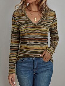 EMERY ROSE Women's Striped V-Neck Slim Fit Versatile Daily Casual Long Sleeve T-Shirt - Brown - View 1