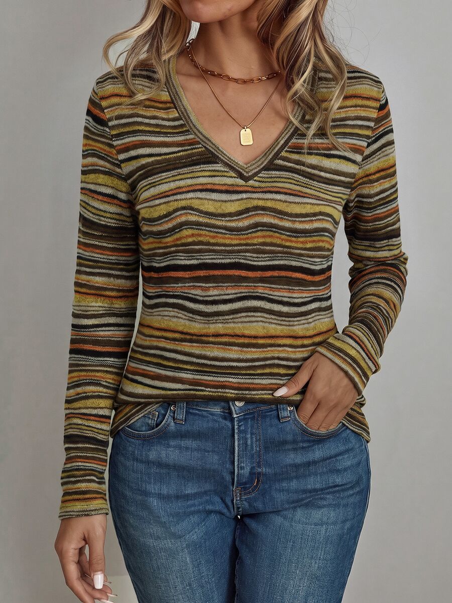 EMERY ROSE Women's Striped V-Neck Slim Fit Versatile Daily Casual Long Sleeve T-Shirt - Brown - View 1