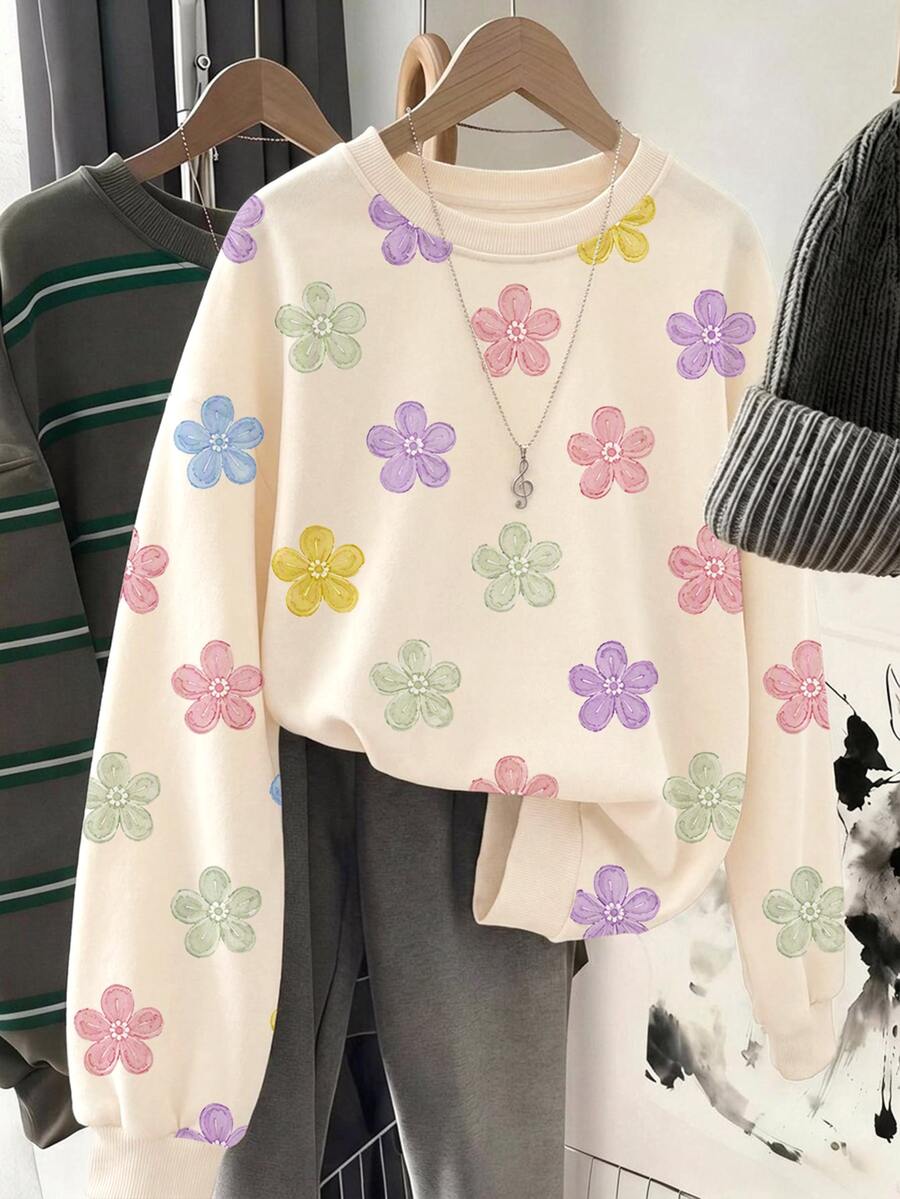 Cream White, Sweet Colorful Cream Flower Pattern, Tween Girls' Casual Minimalist Thick Soft Comfortable Crew Neck Pullover Sweatshirt Suitable For Autumn/Winter Daily Wear - Multicolor - View 1