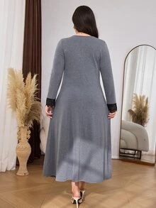 Lacomfia Women's V-Neck Long Sleeve Lace Patchwork Versatile Comfortable Casual Home Plus Size Dress - Grey - View 2