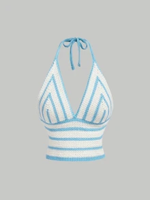 SHEIN MOD 女款時尚百搭度假條紋掛脖綁帶針織上衣 - 淺藍色 - 查看 1