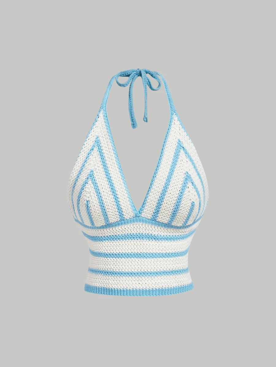 SHEIN MOD 女款時尚百搭度假條紋掛脖綁帶針織上衣 - 淺藍色 - 查看 1
