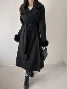 FRIFUL Women's Solid Color Lapel Neck Patchwork Faux Fur Cuff Elegant Overcoat - Black - View 6