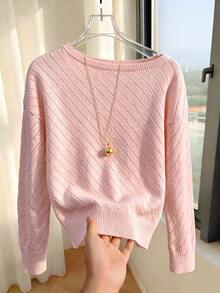 SHEIN Asymmetrical Single Shoulder Knit Pullover | Cream Loose Drop Shoulder Sweater For Fall Winter - Baby Pink - View 3