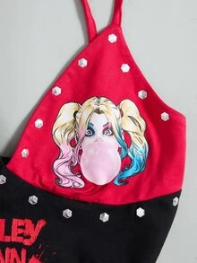 Harley Quinn X SHEIN Women's Cartoon Print Camisole Top And Rivet Contrast Color Shorts 2 Pieces Set - Black - View 4