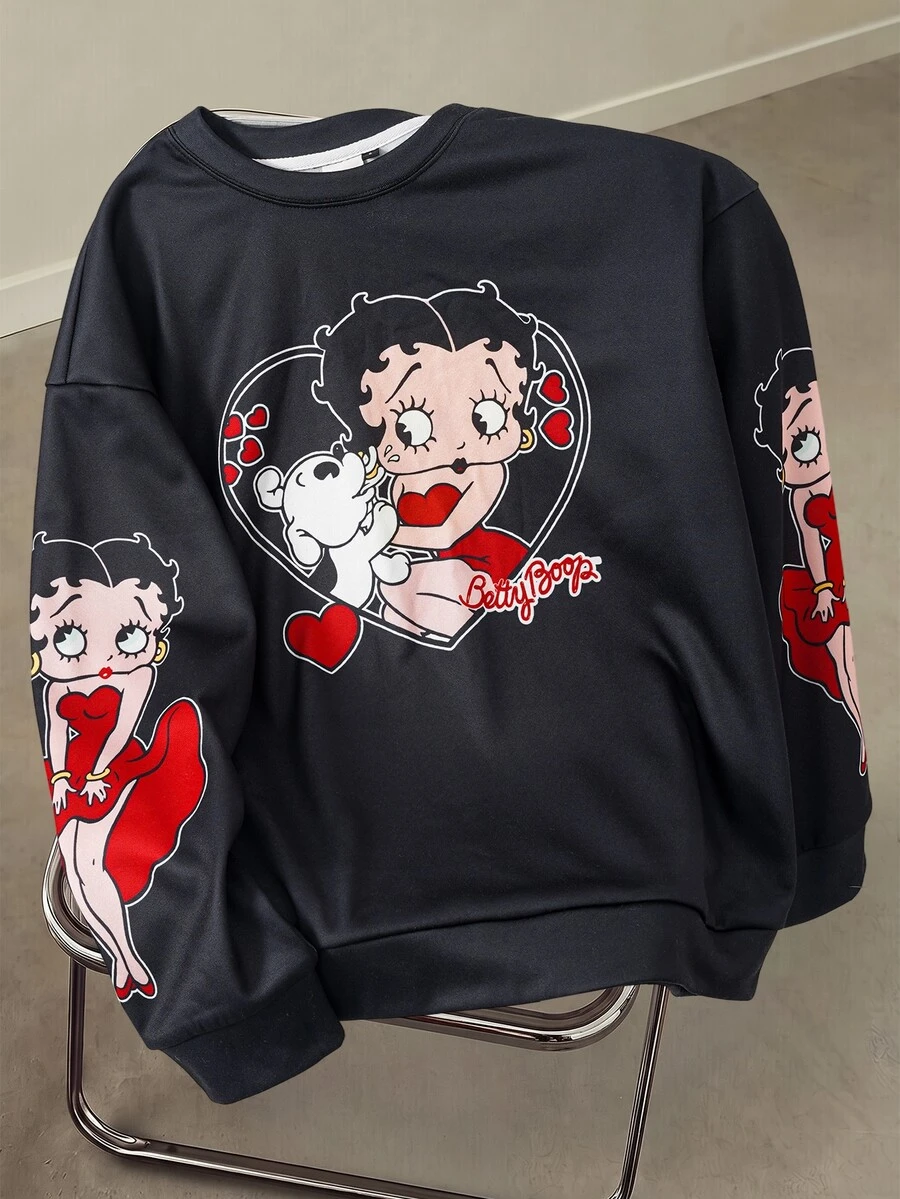 Betty Boop x SHEIN Men's Heart Print Long Sleeve Casual Pullover Sweatshirt - Black - View 1