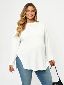 Plussiva 大尺碼孕婦休閒百搭純色側開衩上衣 - 白色 - 查看 6