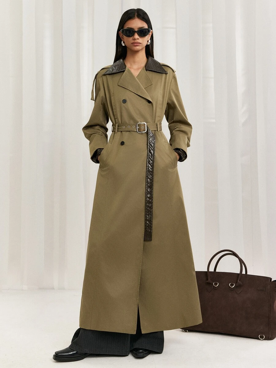 LYSMO Women's PU Plaid Collar Long Coat, Autumn/Winter Commute, Autumn Clothes, Winter Outfit For Women, 2000s Style 200, Office Wear For Women, Chic Coat - Army Green - View 1