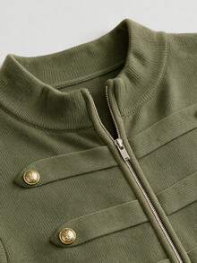 SHEIN Rompi Rajut Double Breasted Gaya Militer Napoleonik Musim Semi/Musim Gugur Terbaru untuk Wanita, Kerah Tegak, Resleting Penuh, Lengan Pendek Ukuran S - Hijau Tentara - View 5