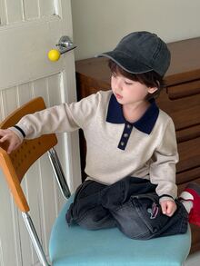 DAZY Infant (Boy) Contrast Color Long Sleeve Sweater With Turn-Down Collar Fall - Apricot - View 4