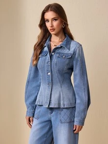 Selenza Women's Long Sleeve Single-Breasted Casual Denim Jacket - Blue - View 7