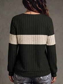 SHEIN 女款秋冬新款熱銷拼色拼接V領休閒百搭大尺碼運動衫 - 彩色 - 查看 2