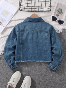 SHEIN TWEEN GIRLS 女童牛仔夾克，水洗磨損毛邊設計，時尚街頭風牛仔外套，淺色水洗短版夾克，百搭新風格 - 中等水洗藍 - 查看 6
