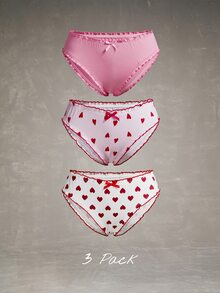 Esseday 3pcs/Set Pink Heart Print Frill Trim Sweet & Cute Women's Triangle Panties - Pink - View 1