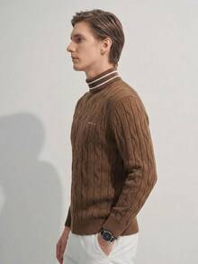 Manfinity CityGents Sweater Rajut Kasual Lengan Panjang Kerah Tinggi Bergaris untuk Pria - Coffee Brown - View 3