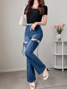FRIFUL 女款時尚性感鏤空綁帶鈕扣牛仔長褲 - 藍色 - 查看 5
