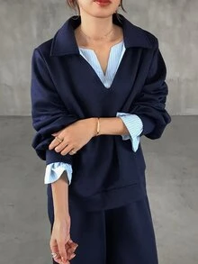 FRIFUL Women's Autumn Colorblock 2 In 1 Top & Sweatpants Set - Navy Blue - View 6