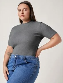 SHEIN BASICS 大尺碼羅紋針織純色T恤女款夏季上衣夏季穿搭 - 灰色 - 查看 3