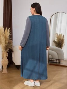 SHEIN Lacomfia Plus Size Women's Loose Casual A-Line Round Neck Long Sleeve Patchwork Ribbed Knit Long Dress, Autumn - Dusty Blue - View 2