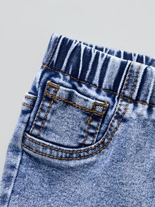 Baby Boy Autumn/Winter Denim Long Pants, Light Blue Washed Distressed Texture, Knee Pleat Decoration, Handsome Casual Durable Denim Long Pants For Infants And Toddlers - Light Wash - View 4