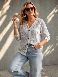 Vionelle Plus Size Autumn/Winter Casual Faux Lace Print Cardigan - Multicolor - View 7