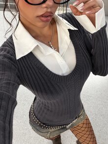 StreetHx Streetwear Women's Autumn/Winter Solid Color Casual Slimming Ribbed Y2K Shirt Patchwork Long Sleeve Sweater Top - Grey - View 5