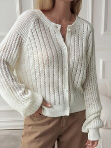 DAZY Solid Color Loose Hollow Long Sleeve Round Neck Casual French Vacation Korean Style Elegant Fall Knit Cardigan For Women Brunch Cream White - White - View 3