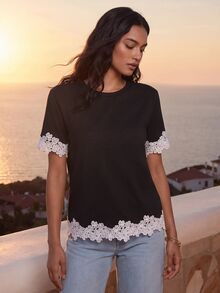 CAJUNI Women's Lace Patchwork Casual Versatile Daily Wear T-Shirt - Black and White - View 8