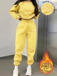 INAWLY 女款秋冬休閒運動風運動衫運動褲兩件套健身服 白色與黃色 - 黃色 - 查看 1