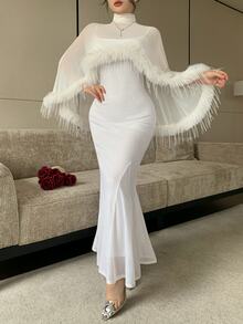 Feyla New Design High-End Luxury Fur Trim High Neck Shawl With Fish Tail Hem Cami Dress Set - White - View 2