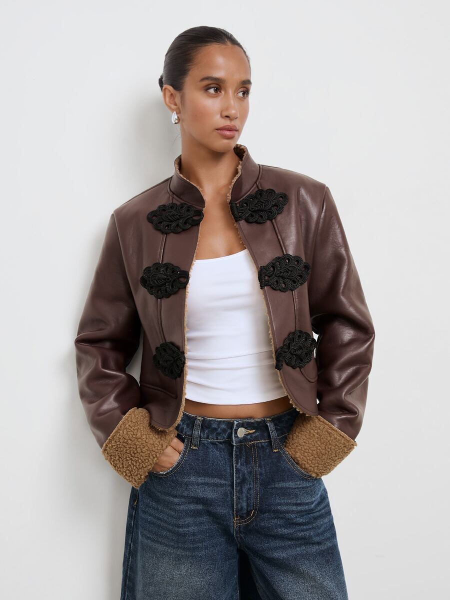 Maija Brown Suede Women's Jacket With New Chinese Style Frog Buttons, Long Sleeve, Autumn/Winter - Rust Brown - View 1