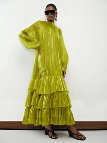 Aveloria Modichic Autumn/Winter Light Green Satin-Like Fabric Stand Collar Robe-Style Layered Ruffle Hem Long Sleeve Women's Extra Long Dress Elegant Party Dinner - Green - View 7