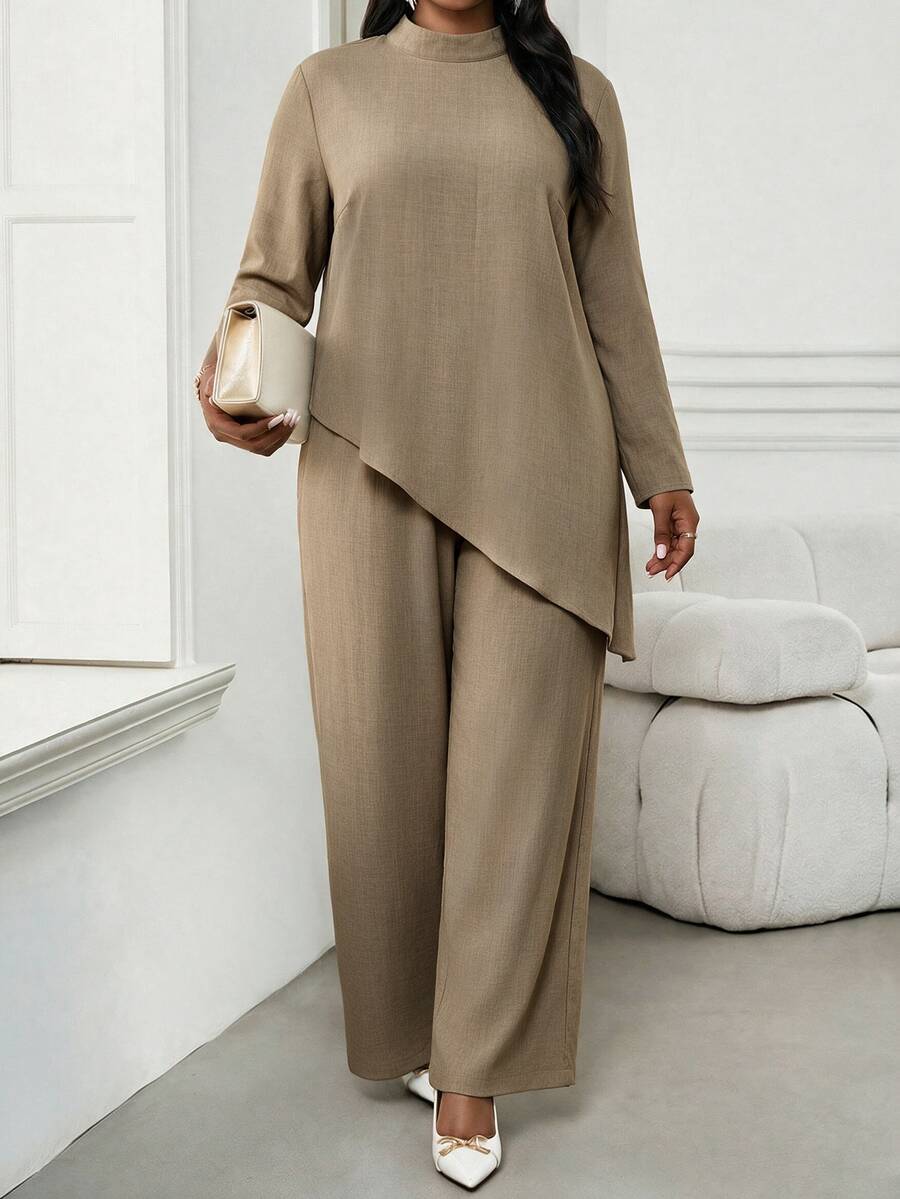 SHEIN Lady Plus Size Minimalist Asymmetrical Hem Top And Loose Long Pants 2 Pieces Set - Khaki - View 1