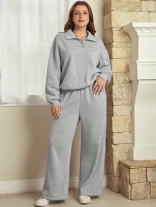 EMERY ROSE 2 st plus size damset för hösten med grå sportig casual zip-up sweatshirt och byxor med fickor, 2 delar, höst/vinter, vinterset, loungewear, varmt - Grå - Visa 9