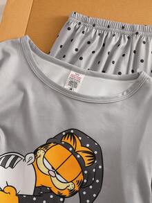 GARFIELD | SHEIN Tween Girl Fashionable Cute Pattern Print Long Sleeve Top & Pants Comfortable Milk Silk Fabric Loungewear Set - Grey - View 8