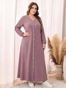 Lacomfia Đầm tay dài gân chải lông size lớn cho nữ, đầm thường ngày cho nữ - Bụi hồng - Xem 3