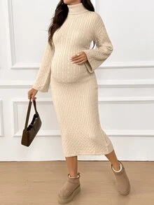 Loomaby Maternity Autumn/Winter Casual Solid Color High Neck Slim Fit Knit Dress - Apricot - View 1