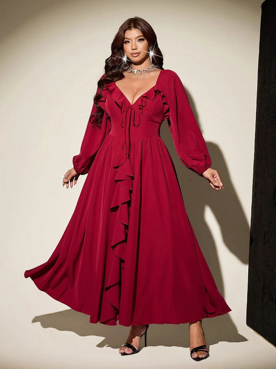 Viva Relle Plus Size French Romantic Ruffle Trim Dress, Princess Style For Party - Burgundy - View 1