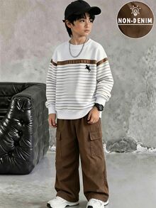 2pcs Tween Boys Sets Vintage Brown Striped Horse Pattern Loose Long Sleeve Crew Neck Back To School Fall Winter Casual Pocket - Multicolor - View 1