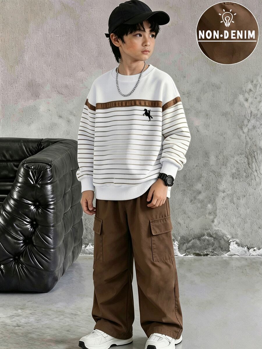 2pcs Tween Boys Sets Vintage Brown Striped Horse Pattern Loose Long Sleeve Crew Neck Back To School Fall Winter Casual Pocket - Multicolor - View 1