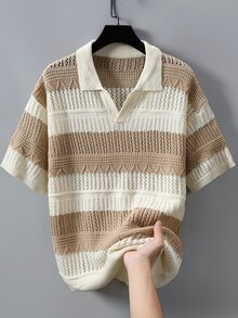 Manfinity Homme Men's Plus Size Contrast Color Striped Short Sleeve Knit Top - Khaki - View 4