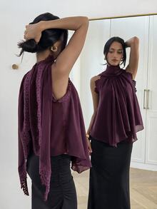 Aloruh Women's Elegant Chiffon Lace Patchwork Ruffle Collar Blouse - Purple - View 7