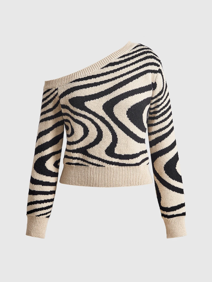 ROMWE Grunge Punk Vintage Swirl Asymmetric Shoulder Cropped Colorblock Women's Sweater - Black - View 1